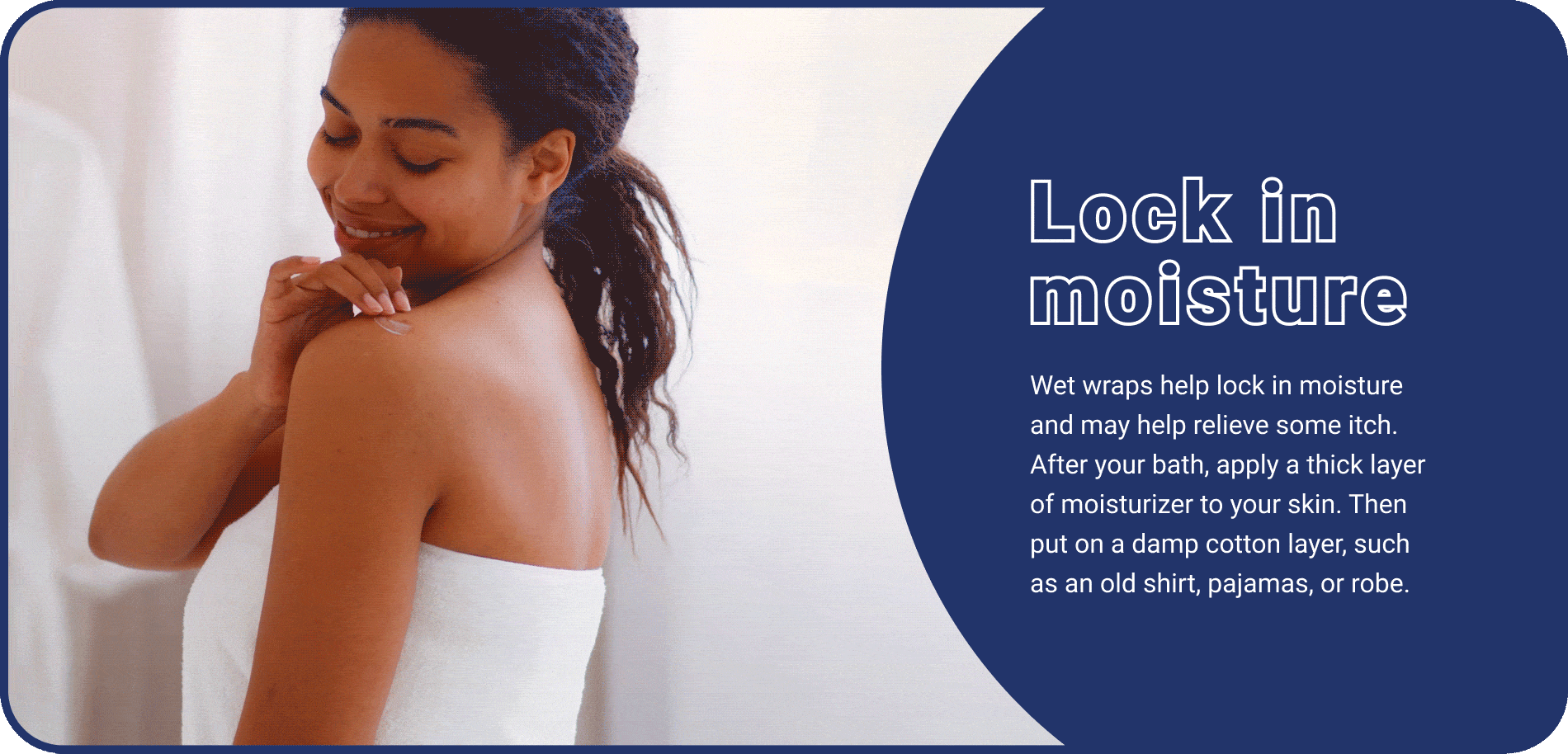 woman in towel rubbing in lotion with text lock in moisture
