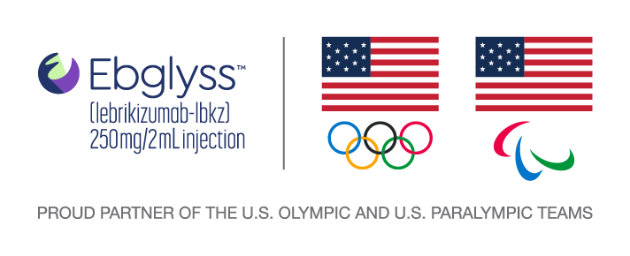 Ebglyss (lebrikizumab-lbkz) logo with US Olympic and Paralympic logos.